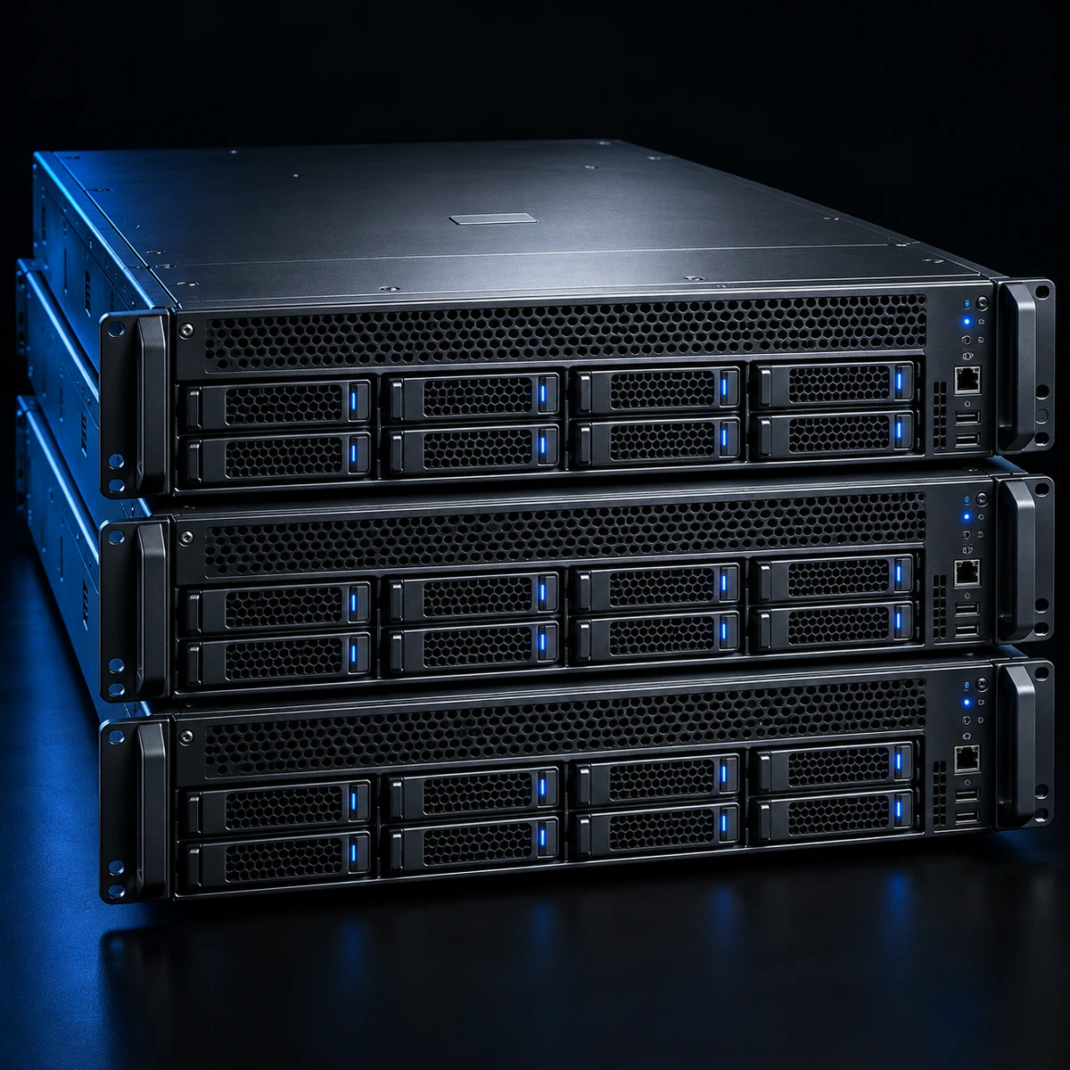 Illustration réaliste de trois serveurs rack avec baies de stockage et voyants bleus